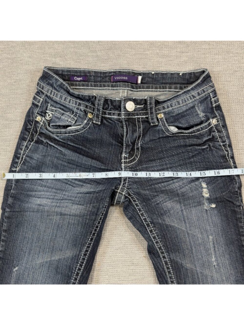 Vigoss Capri Jeans Womens Size 0 Rolled Cuff Distressed Stretch Blue Denim - Picture 13 of 16